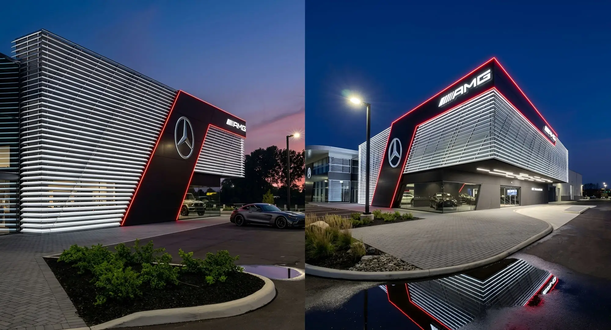 Mercedes-Benz AMG dealership at dusk, its signage, cladding and accent lighting reading as one environment
